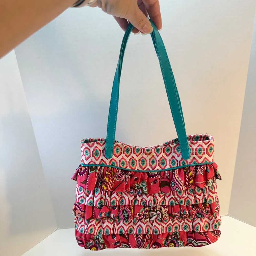 Vera Bradley Ruffle Cha Cha Purse Tote Bag Call Me Coral Fabric Teal Handle
